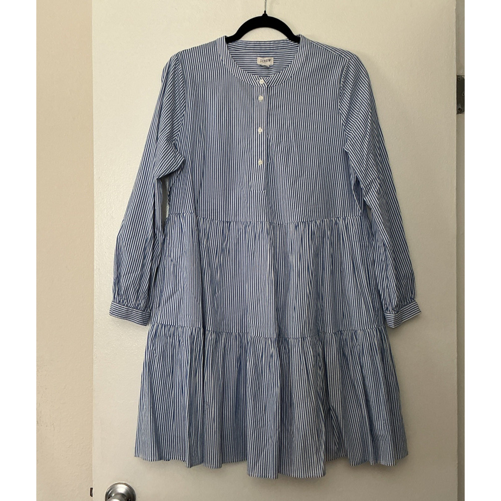 Reimagined By J Crew Popover Dress Womens M Blue White Striped Tiered Poplin